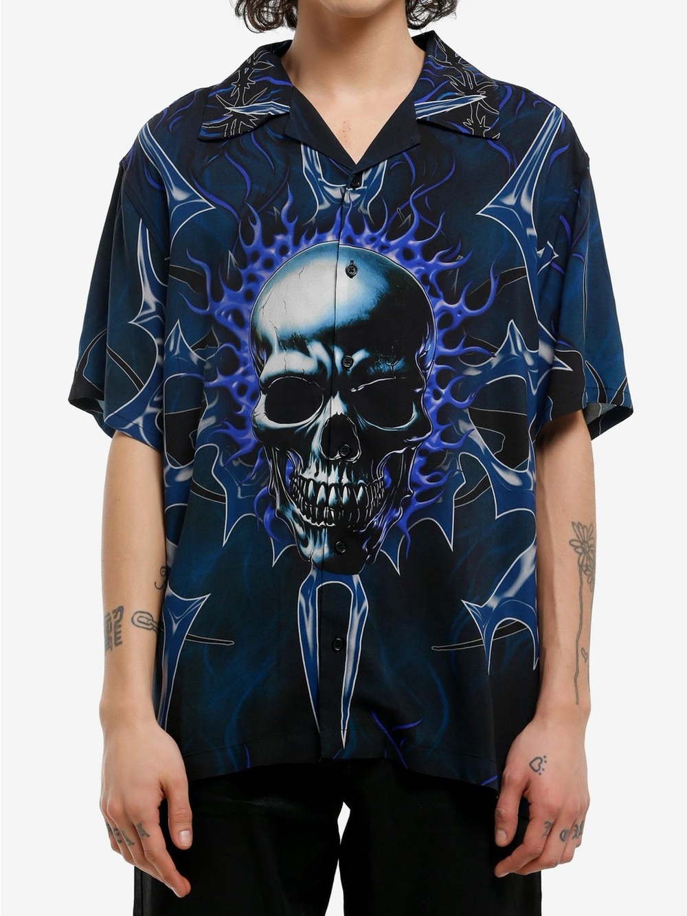 Hot Topic Blue Cyber Skull Woven Button-Up size L NWT